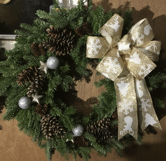 Hand-crafted Christmas wreaths are available natural (no decoration) or with a beautiful hand-tied wire-ribbon bow.