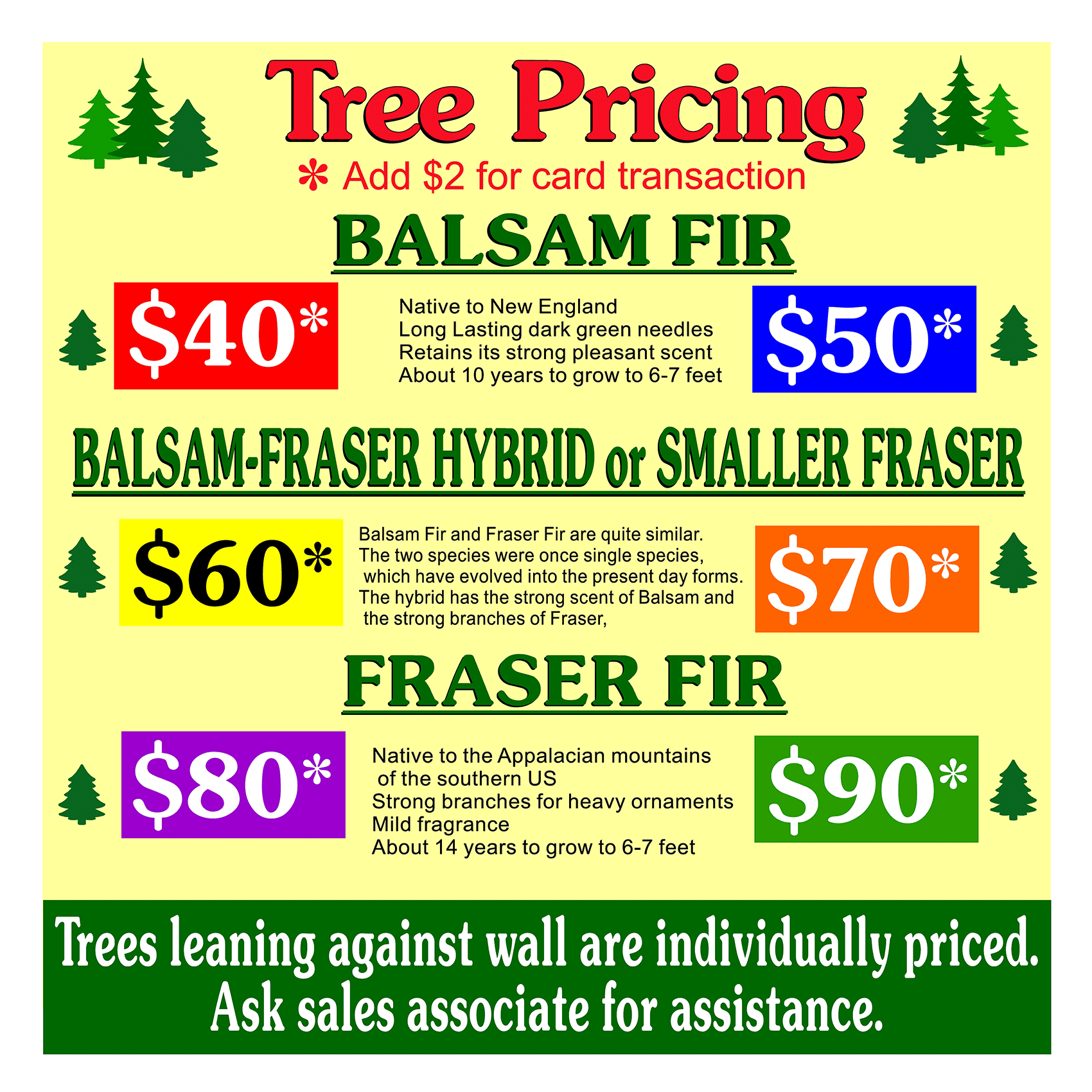 Banner showing prices for our fresh-cut christmas trees. Cash and Credit Cards Accepted